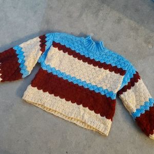 Knit turtleneck sweater, small, blue brown tan,